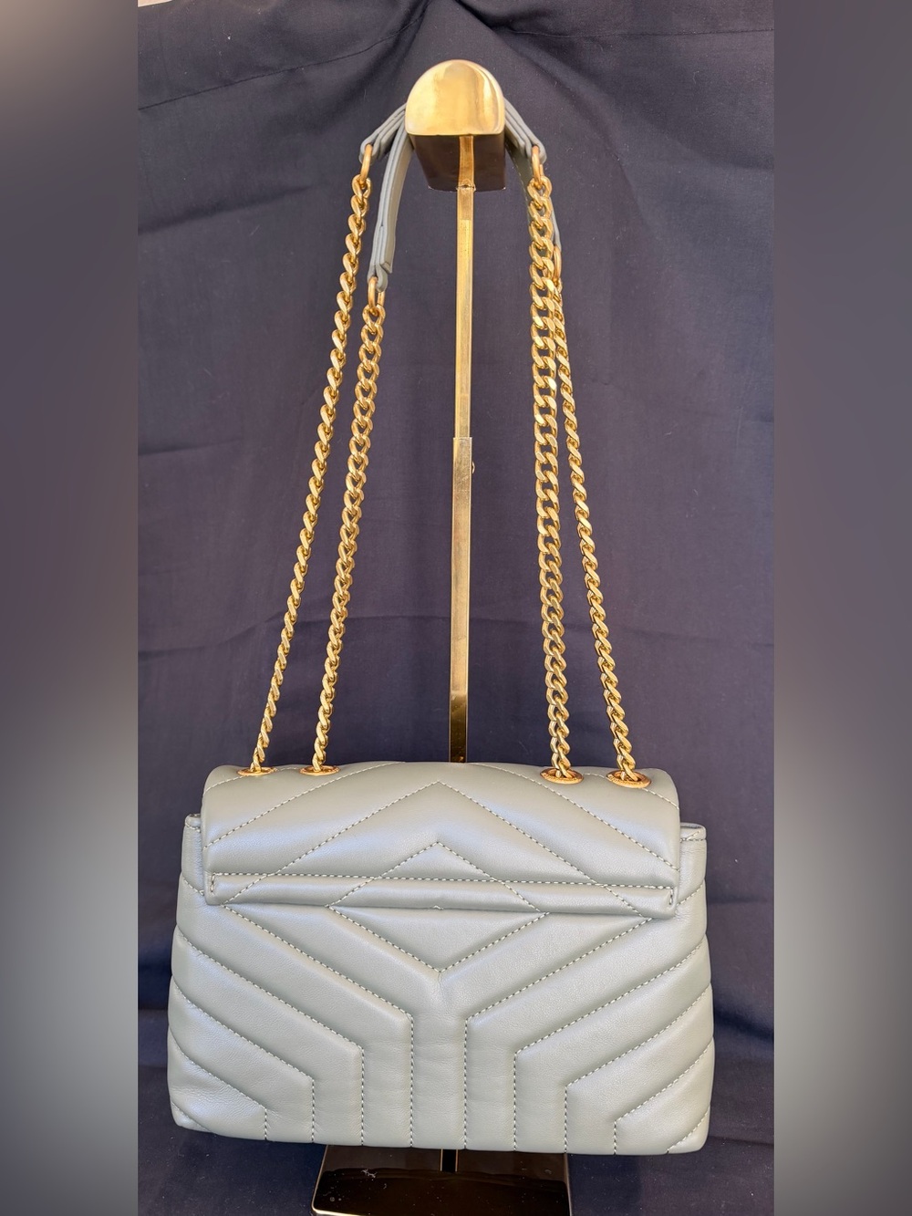 Quilted Chevron Shoulder Bag in Olive Green with Gold Hardware - Picture 4 of 11